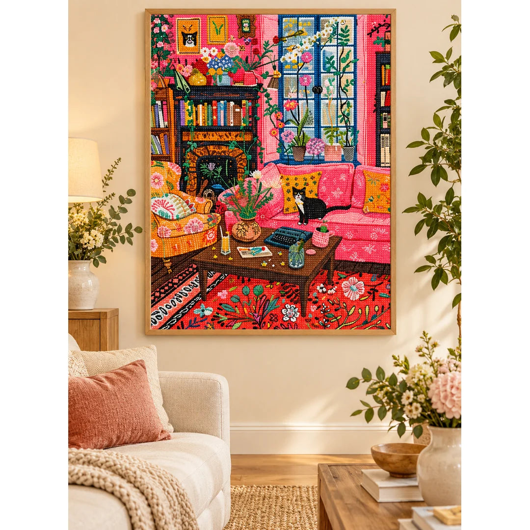 Black cat in a colorful floral living room diamond painting displayed as home decor