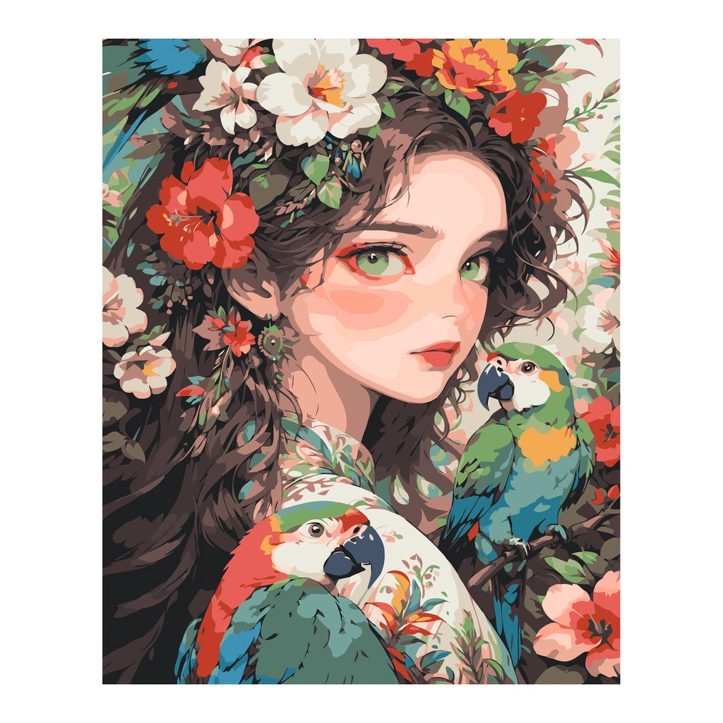 Original artwork showing floral crown and parrots.