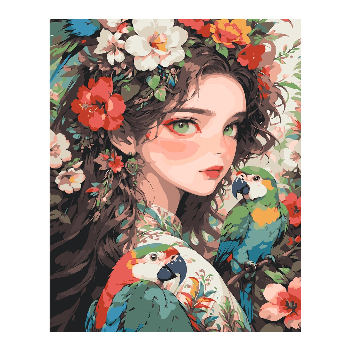 Original artwork showing floral crown and parrots.
