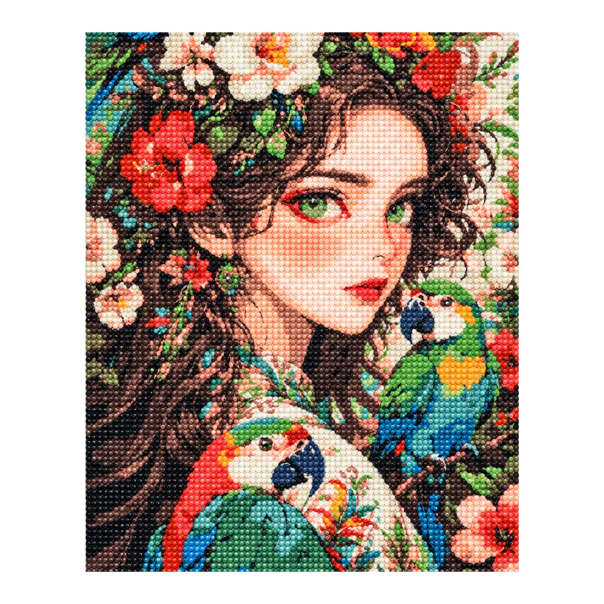 Finished diamond painting of floral crown and parrots.