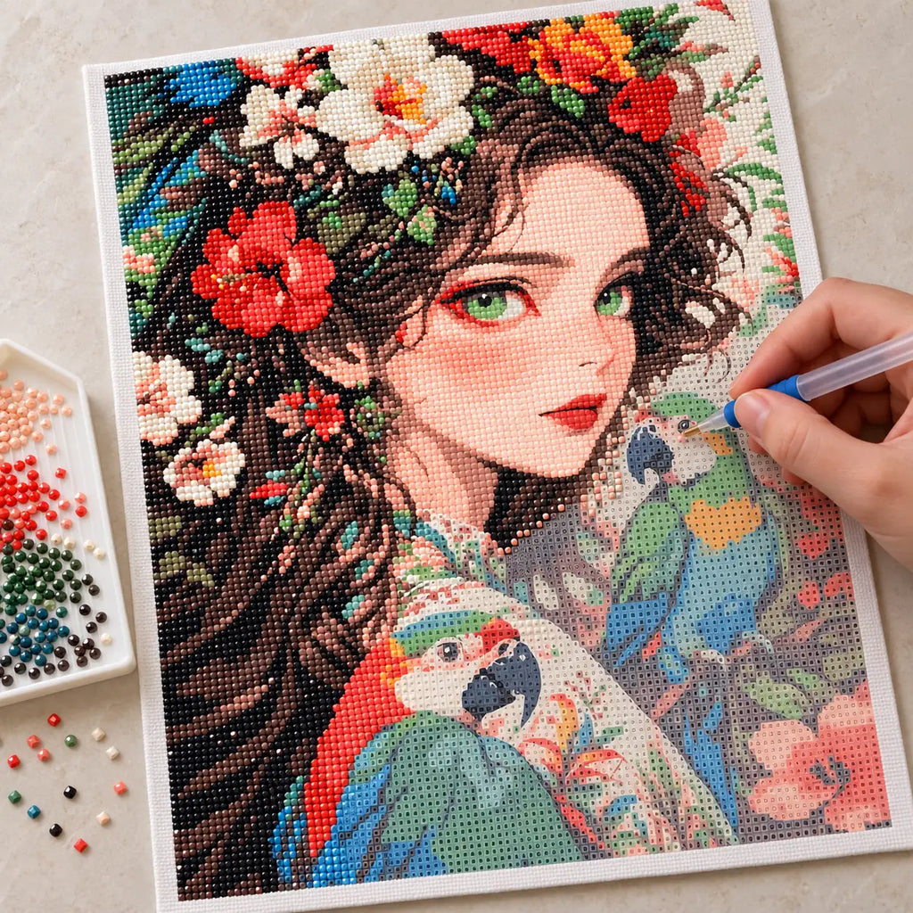 Diamond painting process for floral crown and parrots.