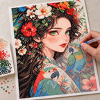 Diamond painting process for floral crown and parrots.