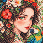 Close-up of diamond drill details in floral crown and parrots.