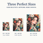 Size guide for Floral Crown and Parrots Diamond Painting Kit: 20 × 30 cm, 30 × 40 cm, and 40 × 50 cm.
