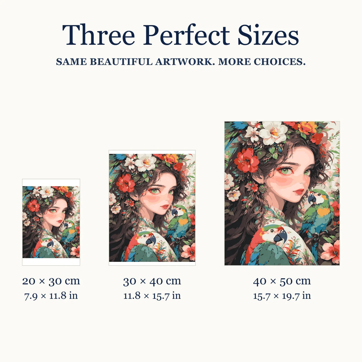 Size guide for Floral Crown and Parrots Diamond Painting Kit: 20 × 30 cm, 30 × 40 cm, and 40 × 50 cm.