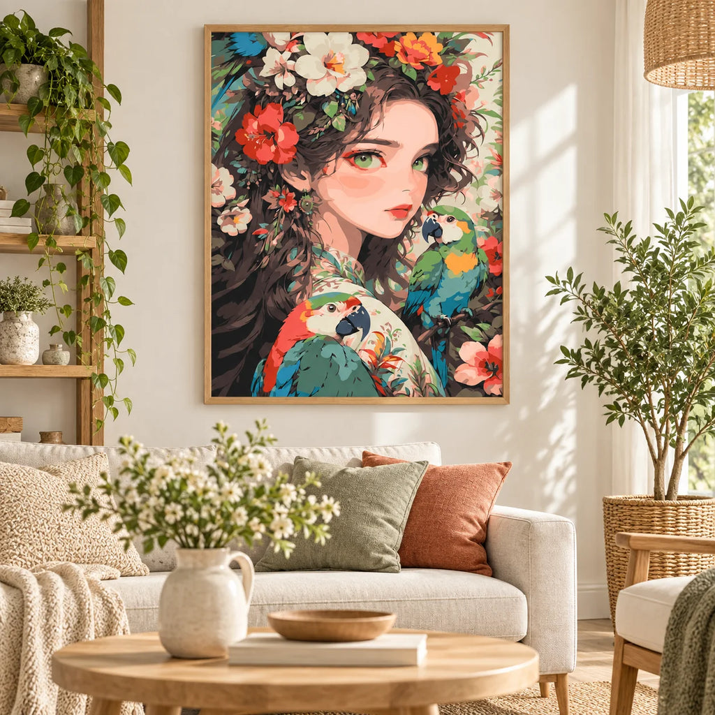 Home decor scene showing floral crown and parrots displayed on a wall.