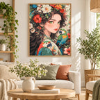 Home decor scene showing floral crown and parrots displayed on a wall.