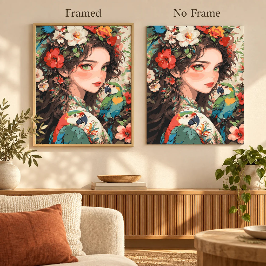 Framed and no-frame comparison for Floral Crown and Parrots Diamond Painting Kit.