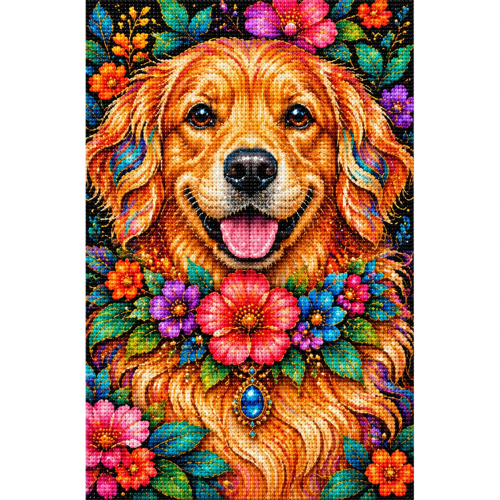 Floral Golden Retriever Diamond Painting Kit — Finished white-background diamond painting