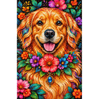 Floral Golden Retriever Diamond Painting Kit — Finished white-background diamond painting
