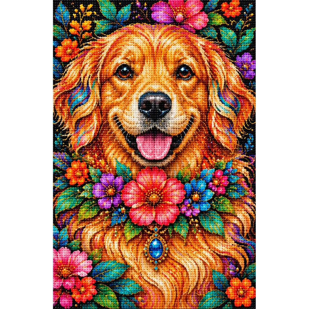 Floral Golden Retriever Diamond Painting Kit — Finished white-background diamond painting