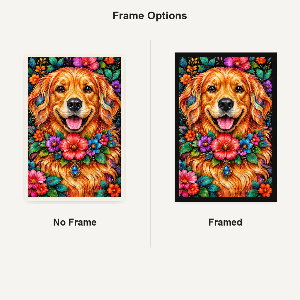 Floral Golden Retriever Diamond Painting Kit — No Frame and Framed comparison