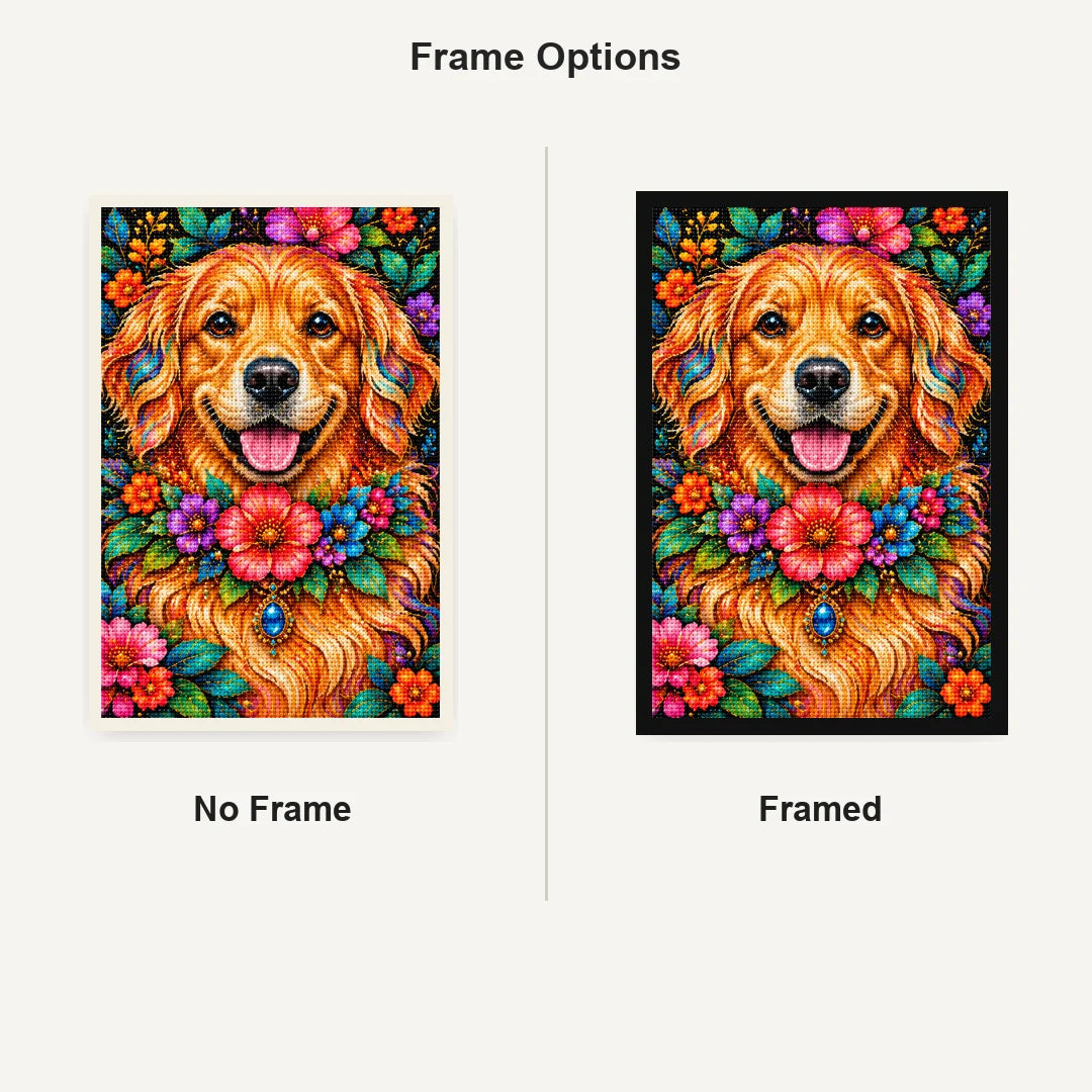 Floral Golden Retriever Diamond Painting Kit — No Frame and Framed comparison