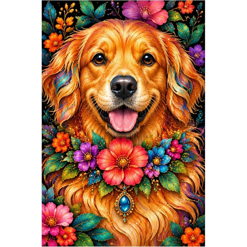 Floral Golden Retriever Diamond Painting Kit — original white-background artwork
