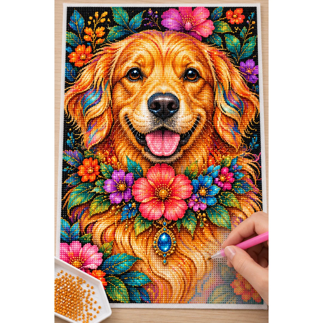 Floral Golden Retriever Diamond Painting Kit — Diamond painting process