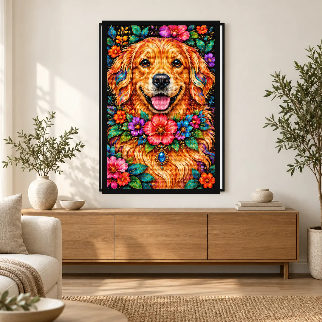 Floral Golden Retriever Diamond Painting Kit — Home decor scene