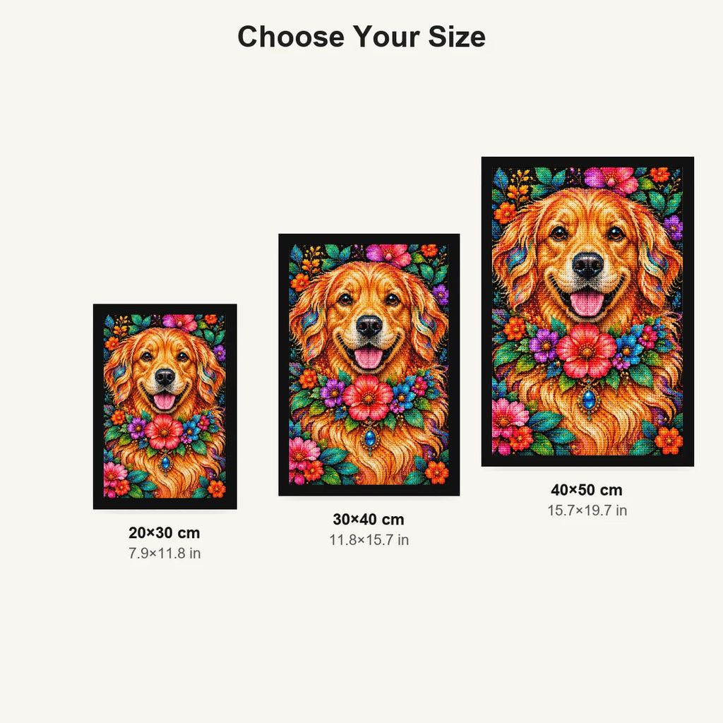 Floral Golden Retriever Diamond Painting Kit — Size guide