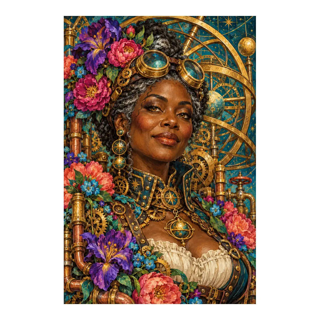 Original white-background artwork of an astronomer in a floral hat beneath gold celestial rings and purple flowers