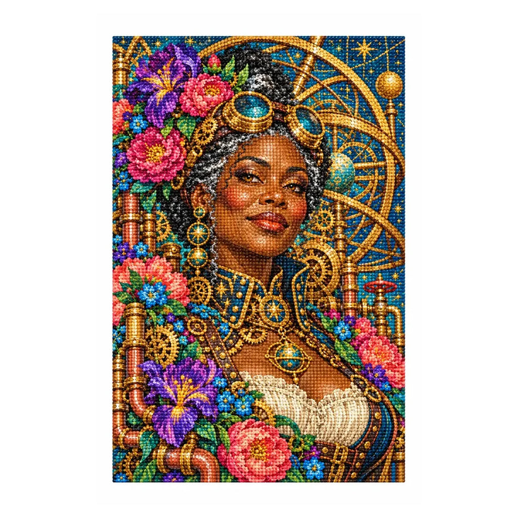 White-background diamond-painted canvas showing an astronomer in a floral hat beneath gold celestial rings and purple flowers