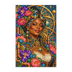 White-background diamond-painted canvas showing an astronomer in a floral hat beneath gold celestial rings and purple flowers