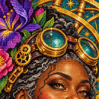 Close-up of faceted drills forming an astronomer in a floral hat beneath gold celestial rings and purple flowers