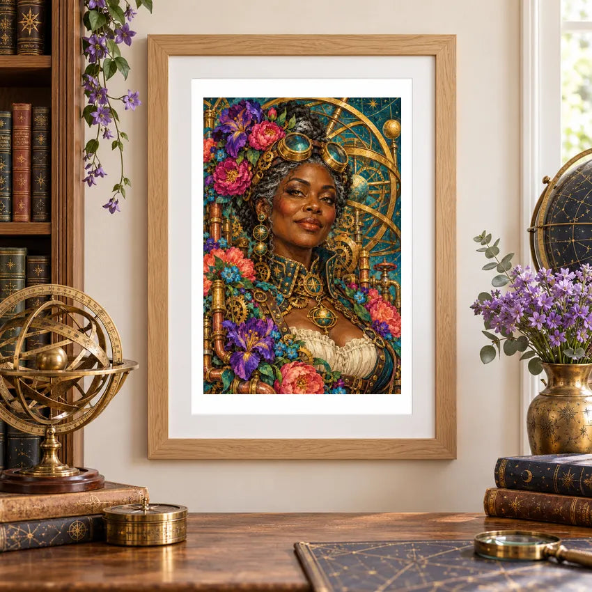 Framed diamond painting of an astronomer in a floral hat beneath gold celestial rings and purple flowers displayed in a home interior