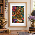 Framed diamond painting of an astronomer in a floral hat beneath gold celestial rings and purple flowers displayed in a home interior
