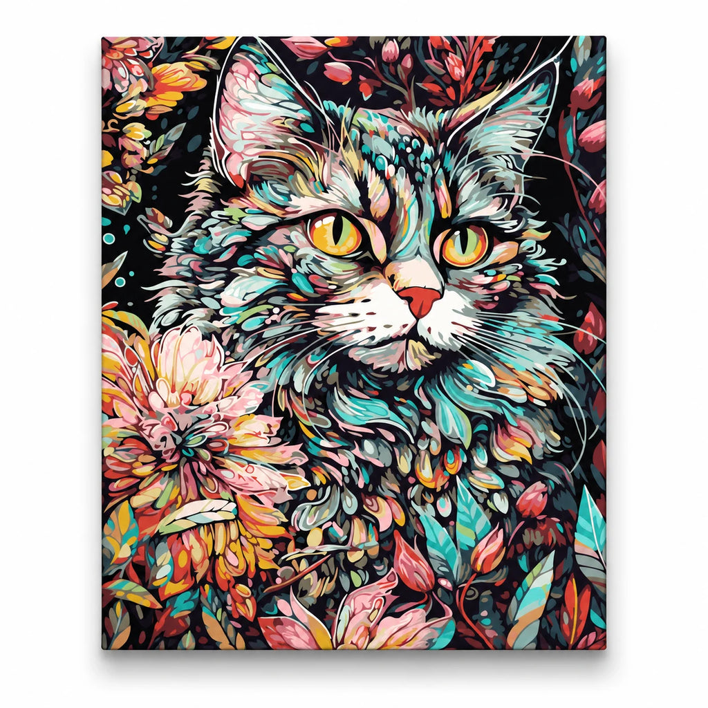 Floral Mosaic Cat paint by numbers artwork on a front-facing canvas against a white background
