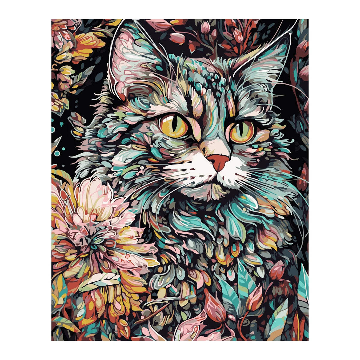 Floral Mosaic Cat completed artwork on a clean white background