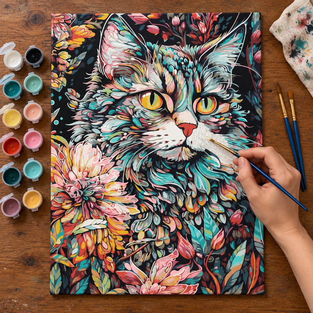 Complete Floral Mosaic Cat numbered canvas being painted with acrylic paints and brushes