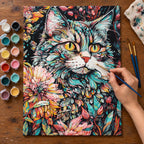 Complete Floral Mosaic Cat numbered canvas being painted with acrylic paints and brushes