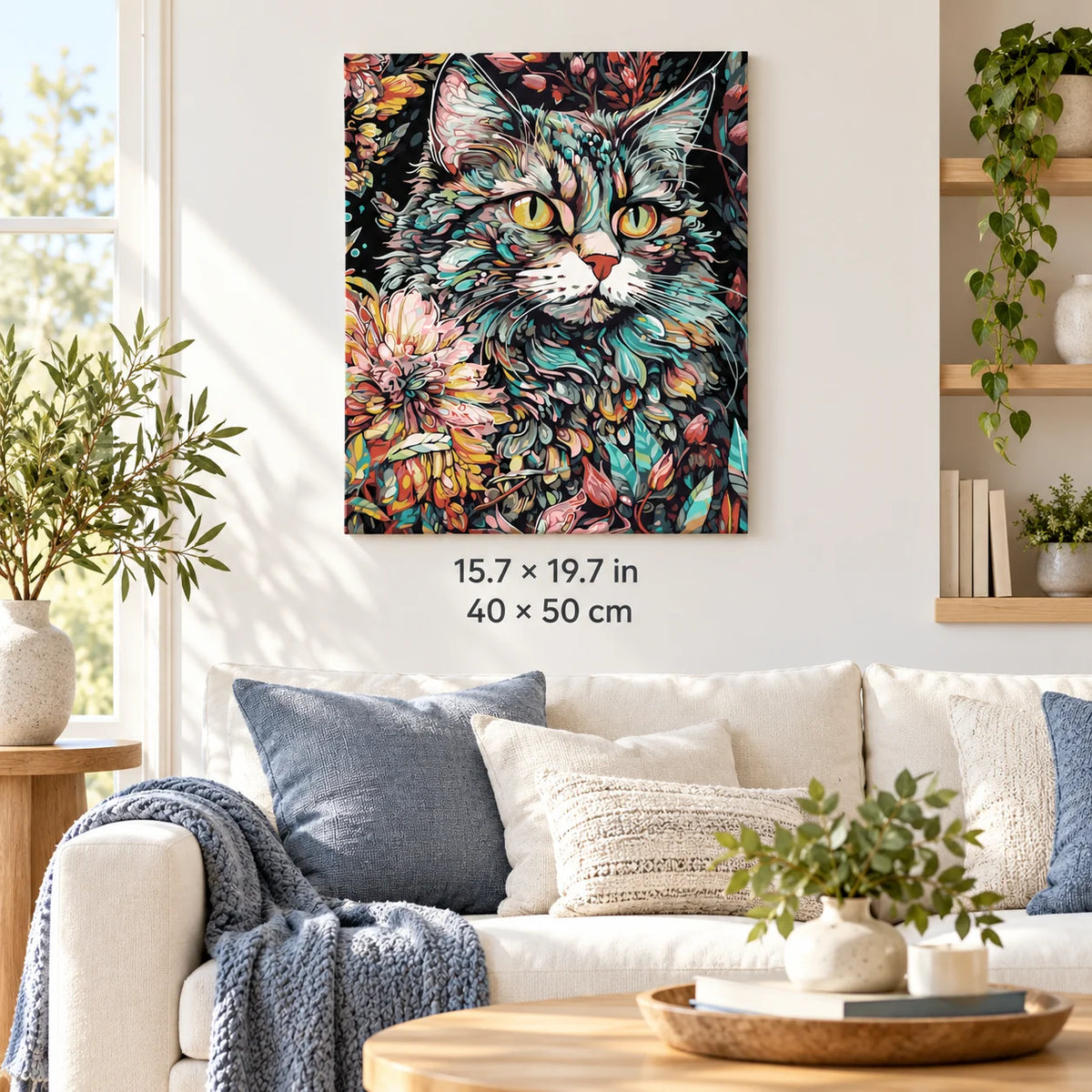 Floral Mosaic Cat shown in a styled room with 15.7 × 19.7 in and 40 × 50 cm dimensions