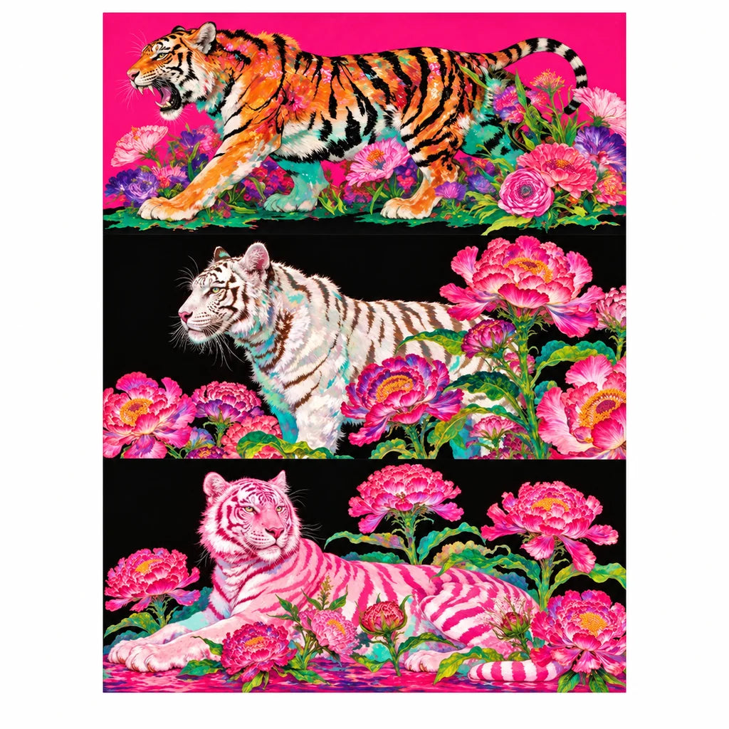 Original artwork showing three tigers in pink and coral flowers across a triptych.