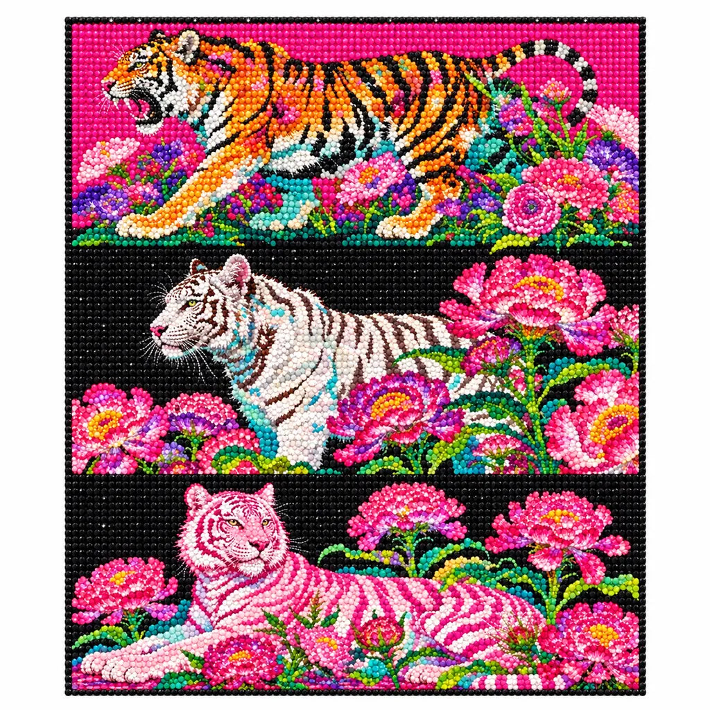 Finished diamond painting showing three tigers in pink and coral flowers across a triptych.