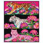 Finished diamond painting showing three tigers in pink and coral flowers across a triptych.