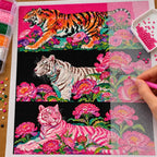 Hands applying drills to a canvas with three tigers in pink and coral flowers across a triptych.