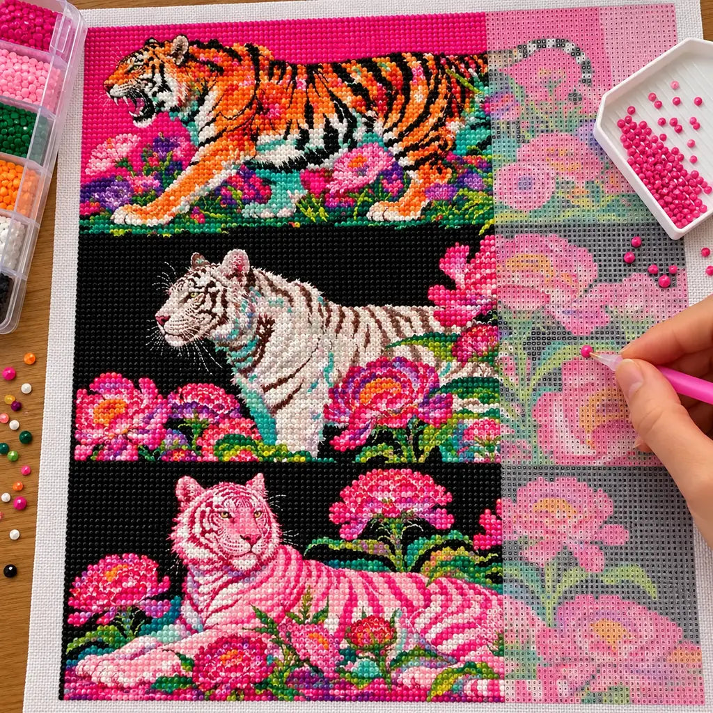 Hands applying drills to a canvas with three tigers in pink and coral flowers across a triptych.