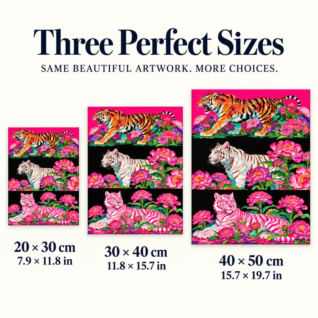 Size guide for Floral Tiger Triptych Diamond Painting Kit: 20 × 30 cm, 30 × 40 cm, and 40 × 50 cm.