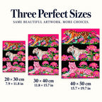 Size guide for Floral Tiger Triptych Diamond Painting Kit: 20 × 30 cm, 30 × 40 cm, and 40 × 50 cm.