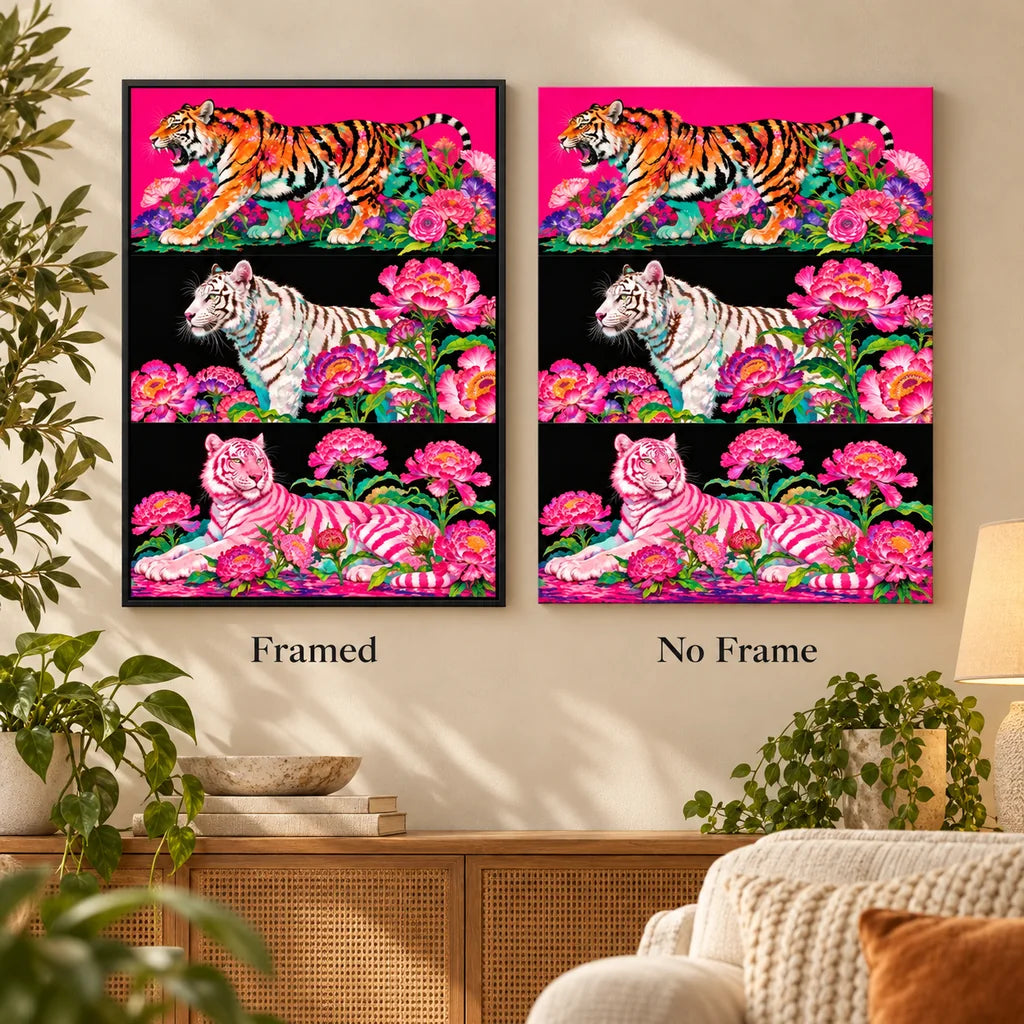 Framed and no-frame comparison for Floral Tiger Triptych Diamond Painting Kit.
