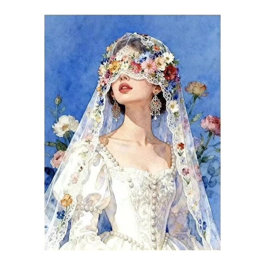 White-background original artwork of a bride wearing a floral veil