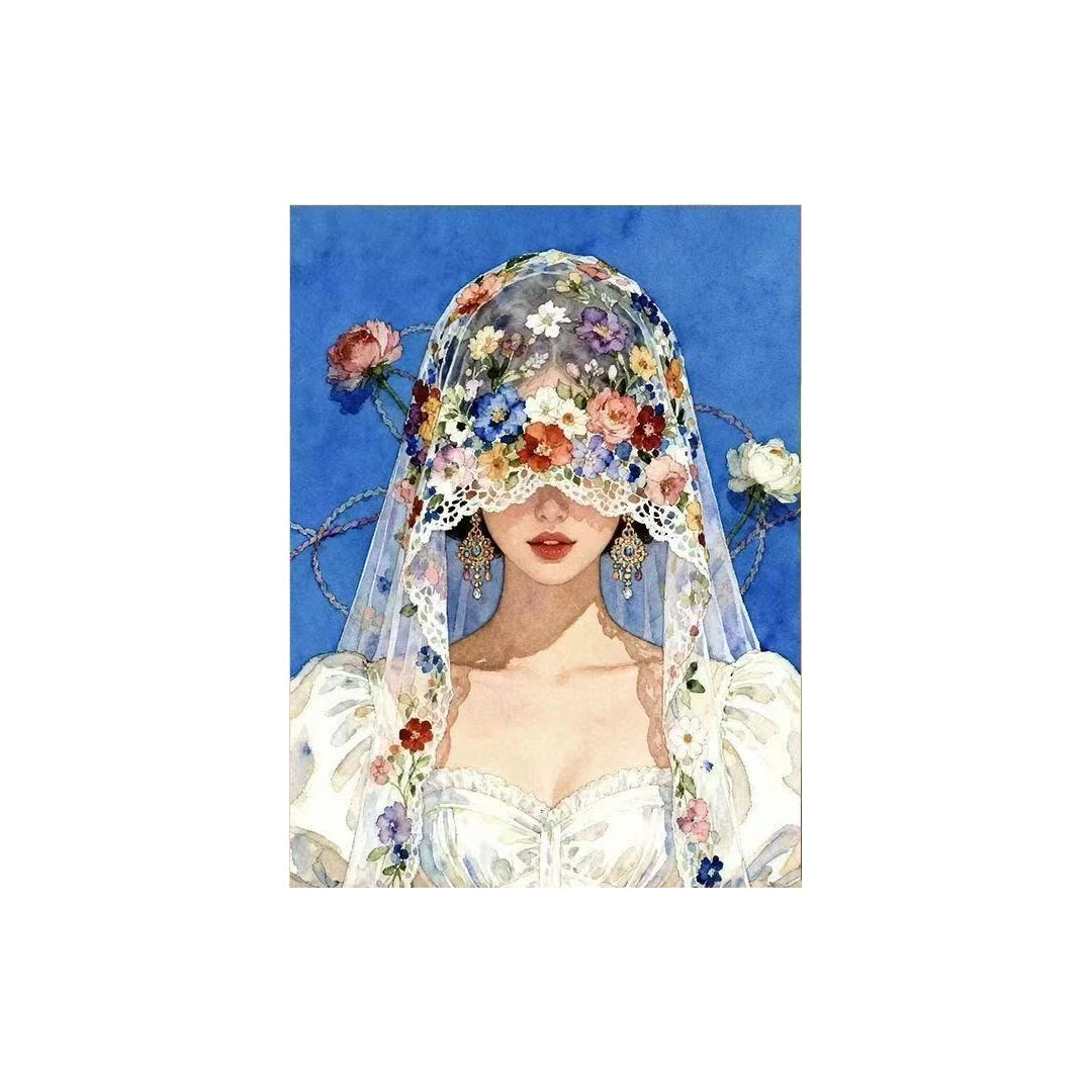 White-background original artwork of a front-facing bride behind a flower-covered lace veil