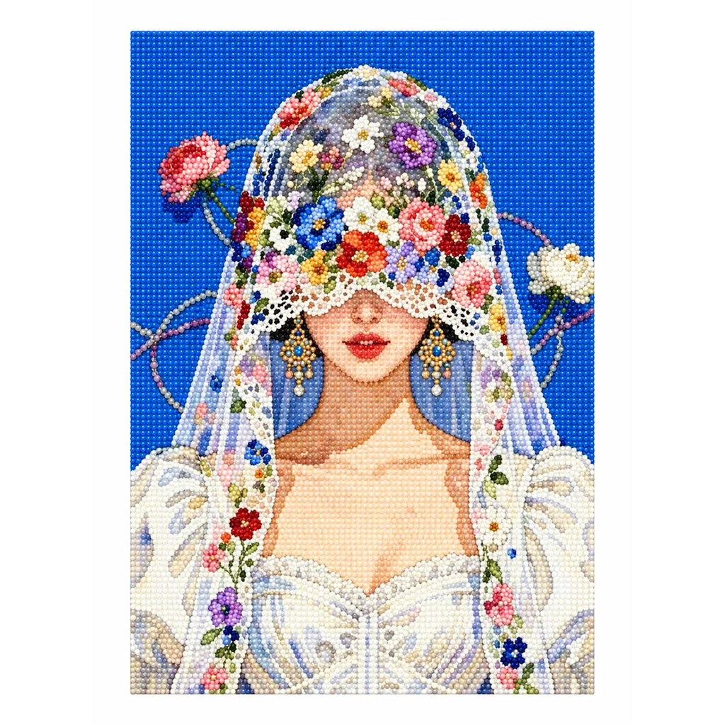 White-background diamondized artwork of a front-facing bride behind a flower-covered lace veil