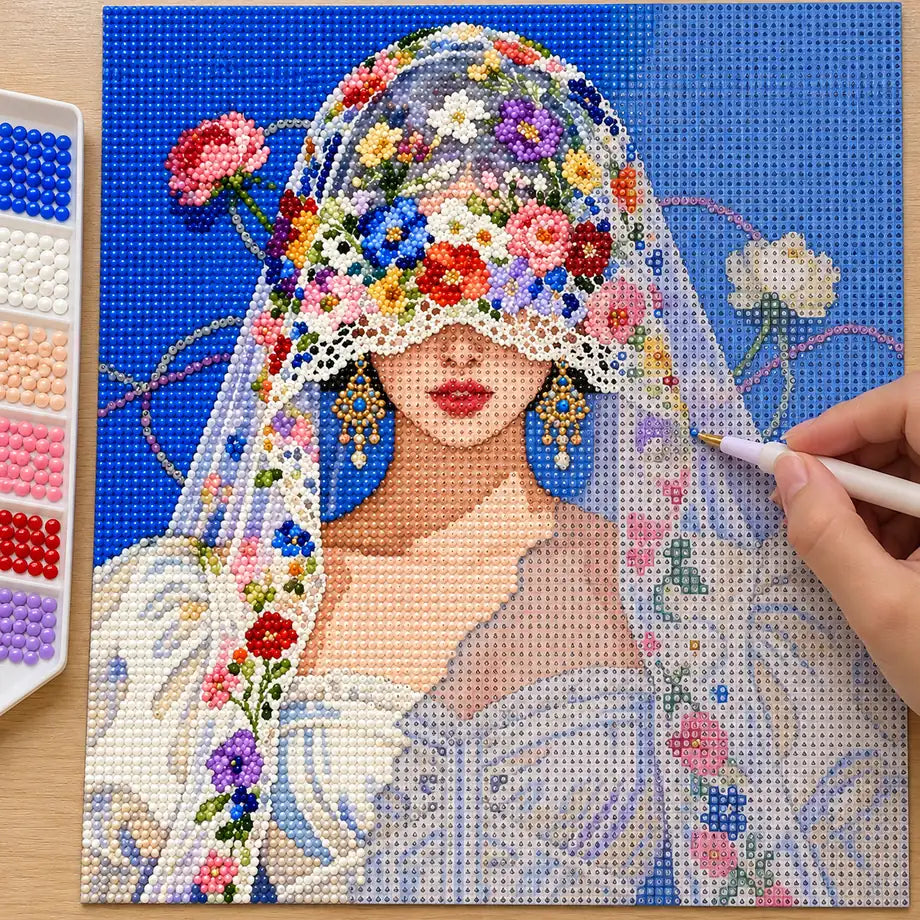Diamond painting process showing a front-facing floral-veil bride being completed with a stylus