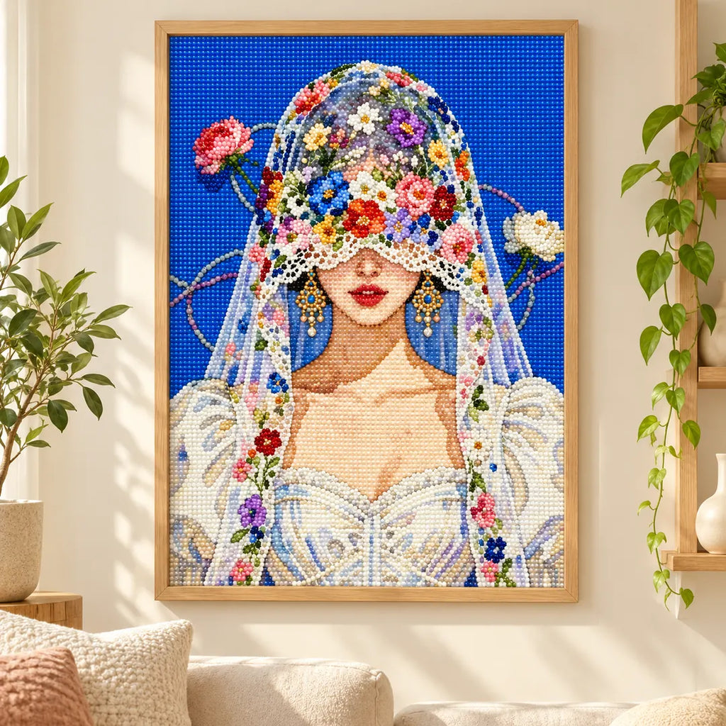 Front-facing floral-veil bride diamond painting displayed as home decor
