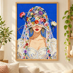 Front-facing floral-veil bride diamond painting displayed as home decor