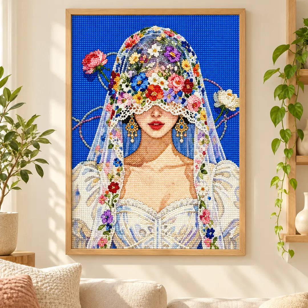 Front-facing floral-veil bride diamond painting displayed as home decor