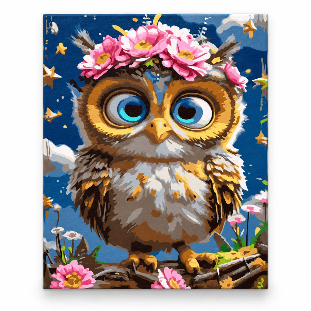 Flower Crown Owl paint by numbers artwork on a front-facing canvas against a white background