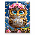 Flower Crown Owl paint by numbers artwork on a front-facing canvas against a white background