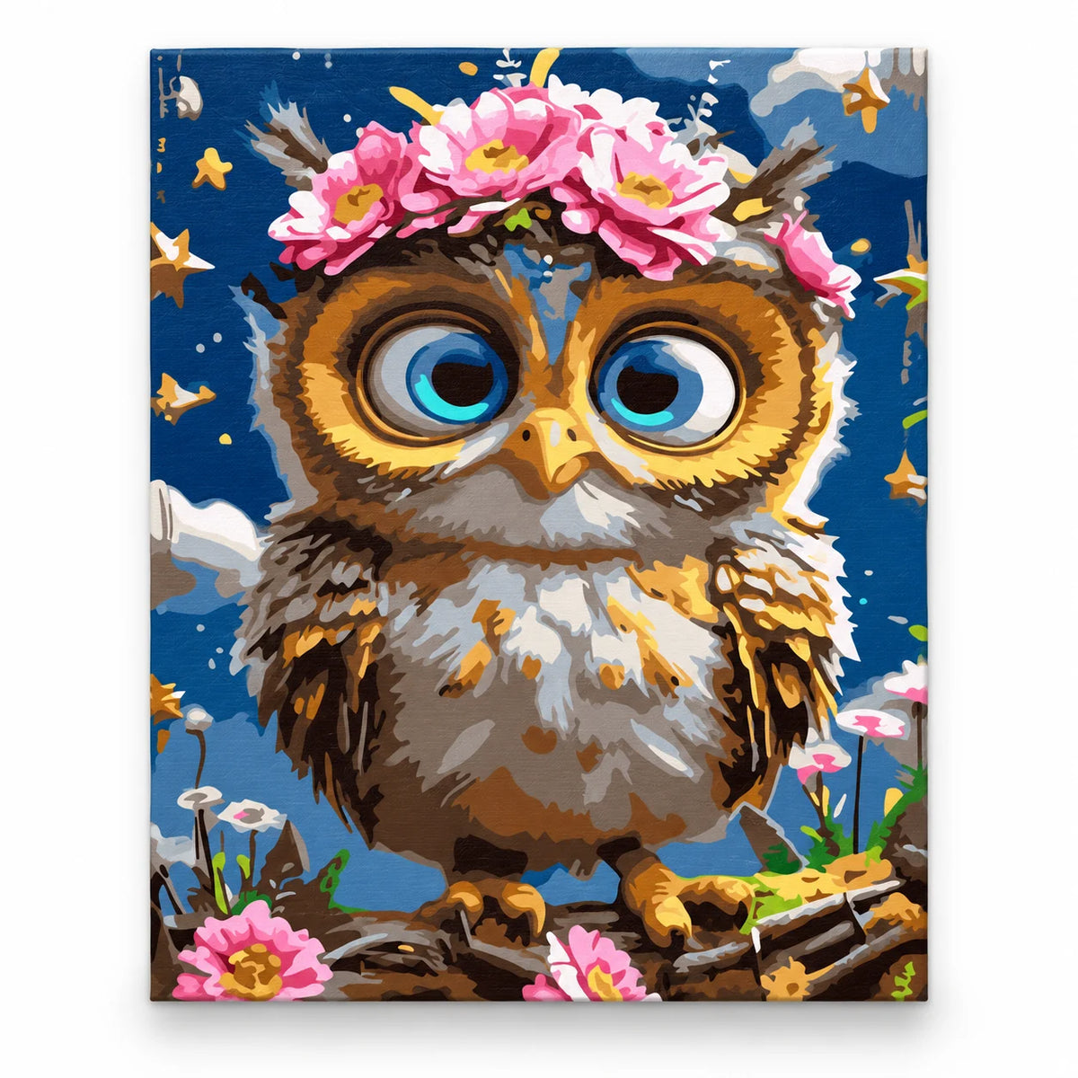 Flower Crown Owl paint by numbers artwork on a front-facing canvas against a white background